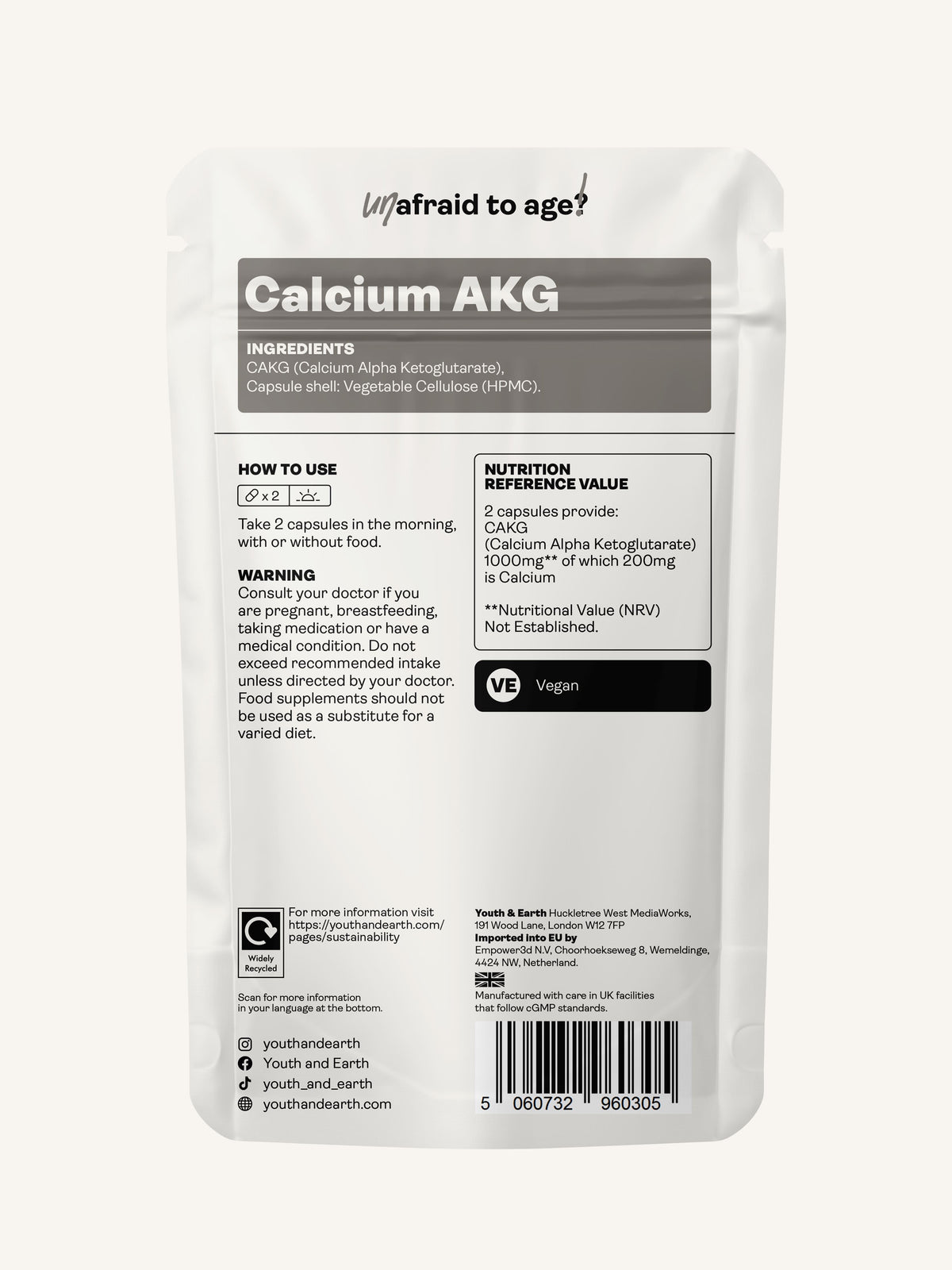 Calcium Alpha Keto-Glutarate (AKG) 500mg x 60 Capsules - youthandearth - Calcium Alpha Keto-Gluterate