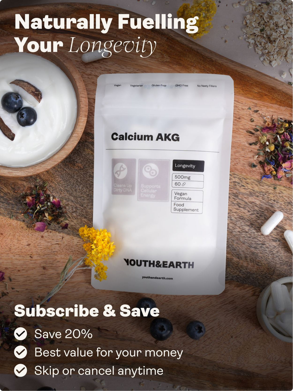 Calcium Alpha Keto-Glutarate (AKG) 500mg x 60 Capsules - youthandearth - Calcium Alpha Keto-Gluterate