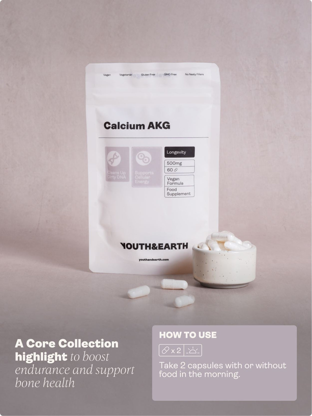 Calcium Alpha Keto-Glutarate (AKG) 500mg x 60 Capsules - youthandearth - Calcium Alpha Keto-Gluterate