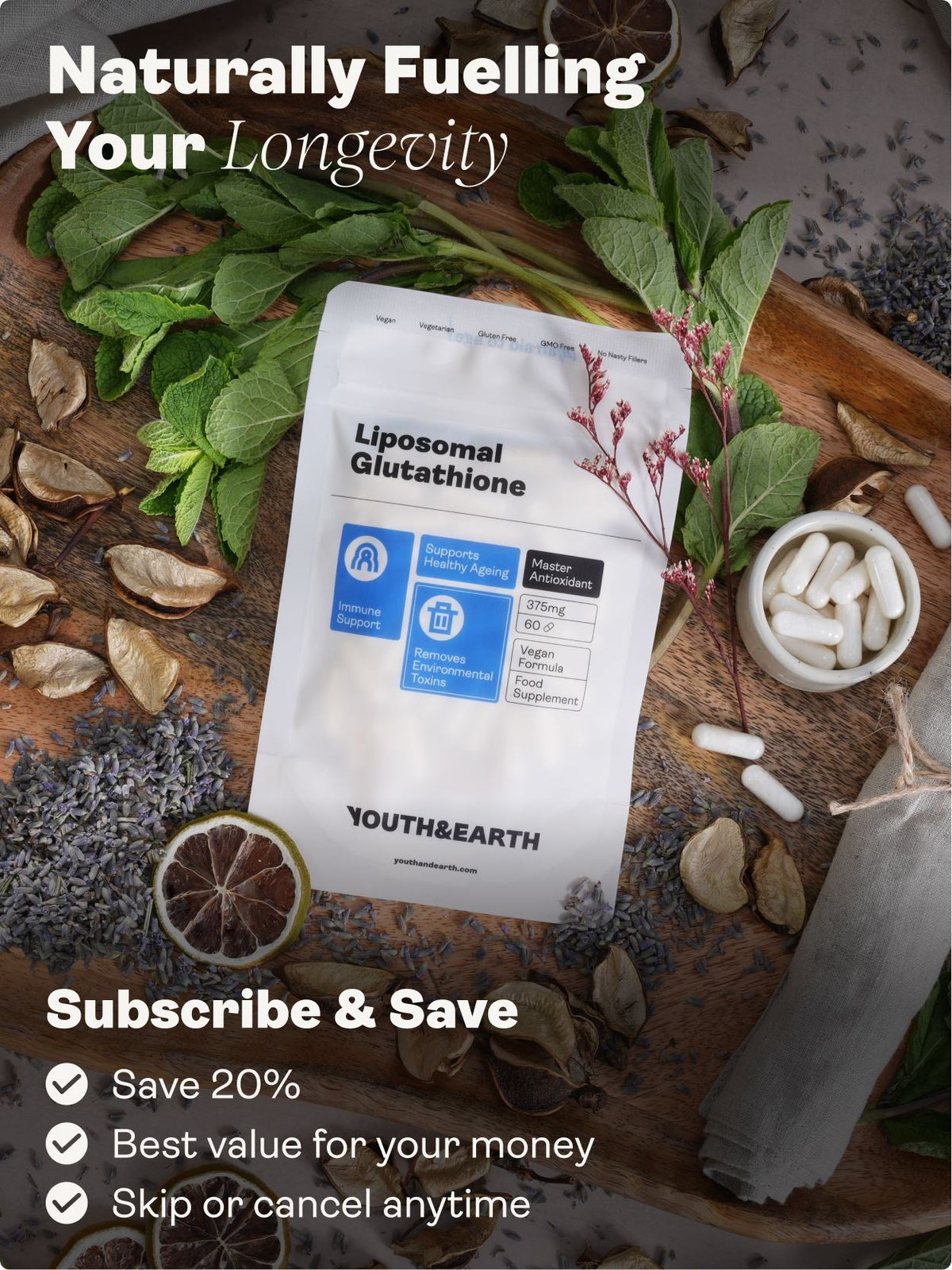 Liposomal Glutathione – 375mg, 60 Capsules - youthandearth - Skin & Hair