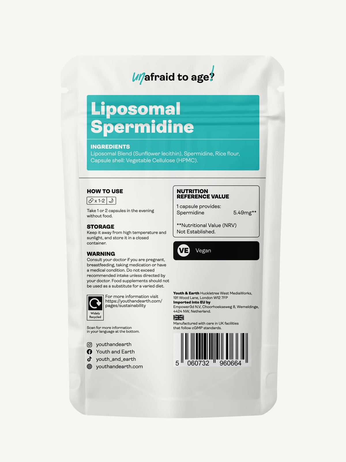Liposomal Spermidine 5.49mg - 60 Capsules - youthandearth -