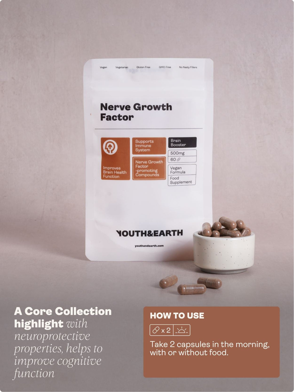 Nerve Growth Factor (Full Spectrum Lion's Mane Mushroom, Rhodiola, Ginseng, Bioperine) – 500mg, 60 Capsules - youthandearth -