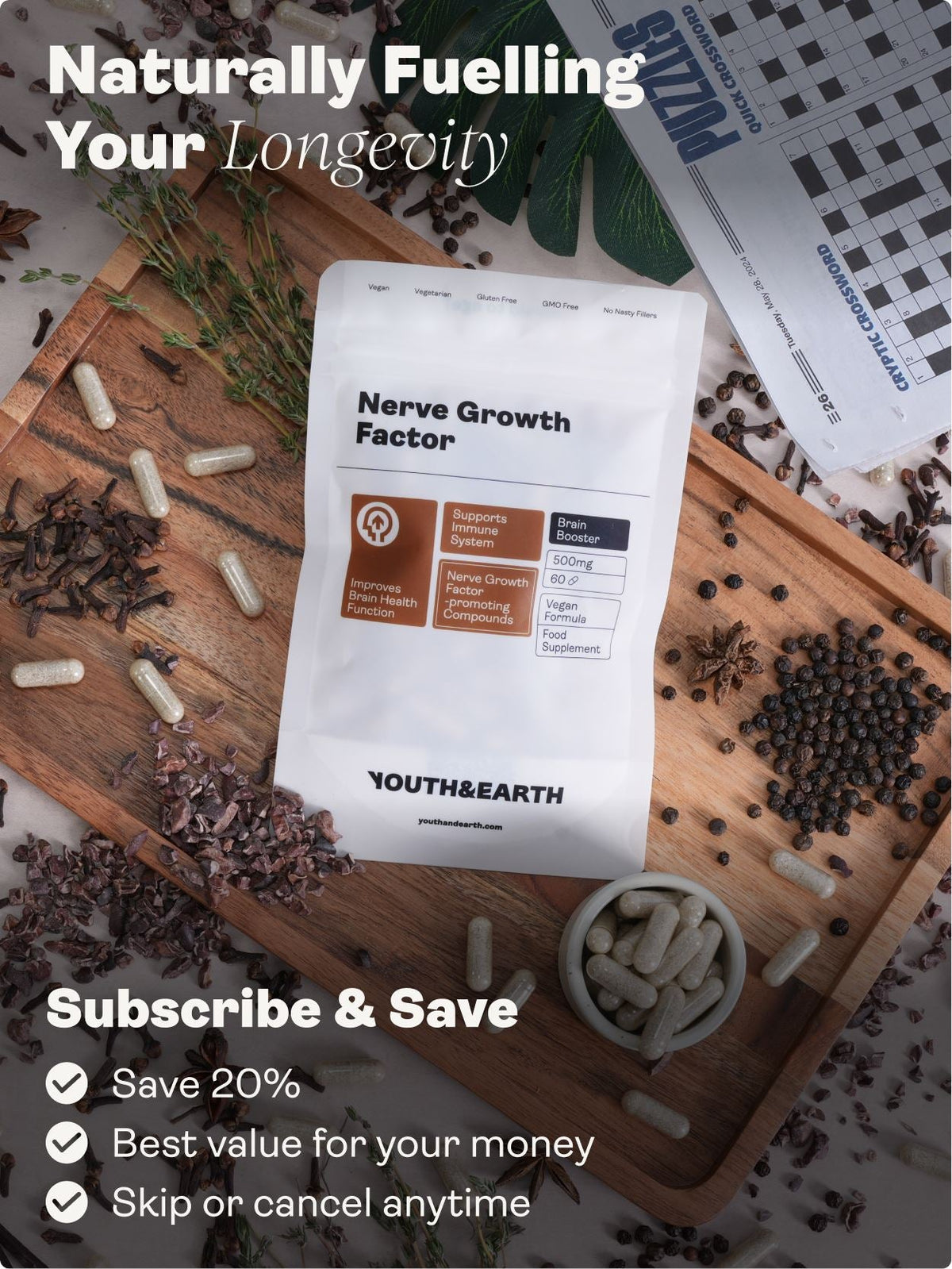 Nerve Growth Factor (Full Spectrum Lion's Mane Mushroom, Rhodiola, Ginseng, Bioperine) – 500mg, 60 Capsules - youthandearth -