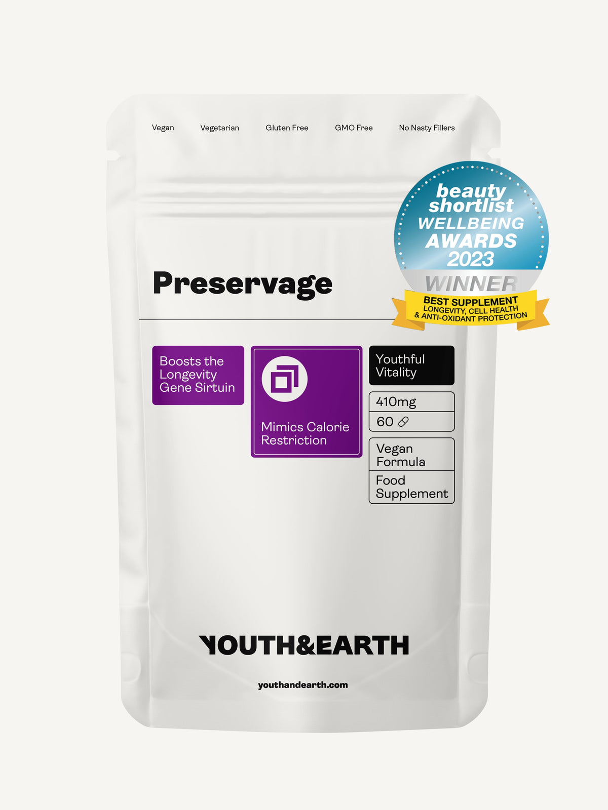 Preservage (Trans-Resveratrol, Curcumin, Quercetin, BioPerine) – 410mg, 60 Capsules - youthandearth - Sirtuin Activator