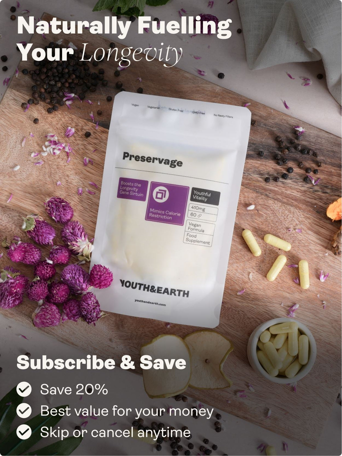 Preservage (Trans-Resveratrol, Curcumin, Quercetin, BioPerine) – 410mg, 60 Capsules - youthandearth - Sirtuin Activator
