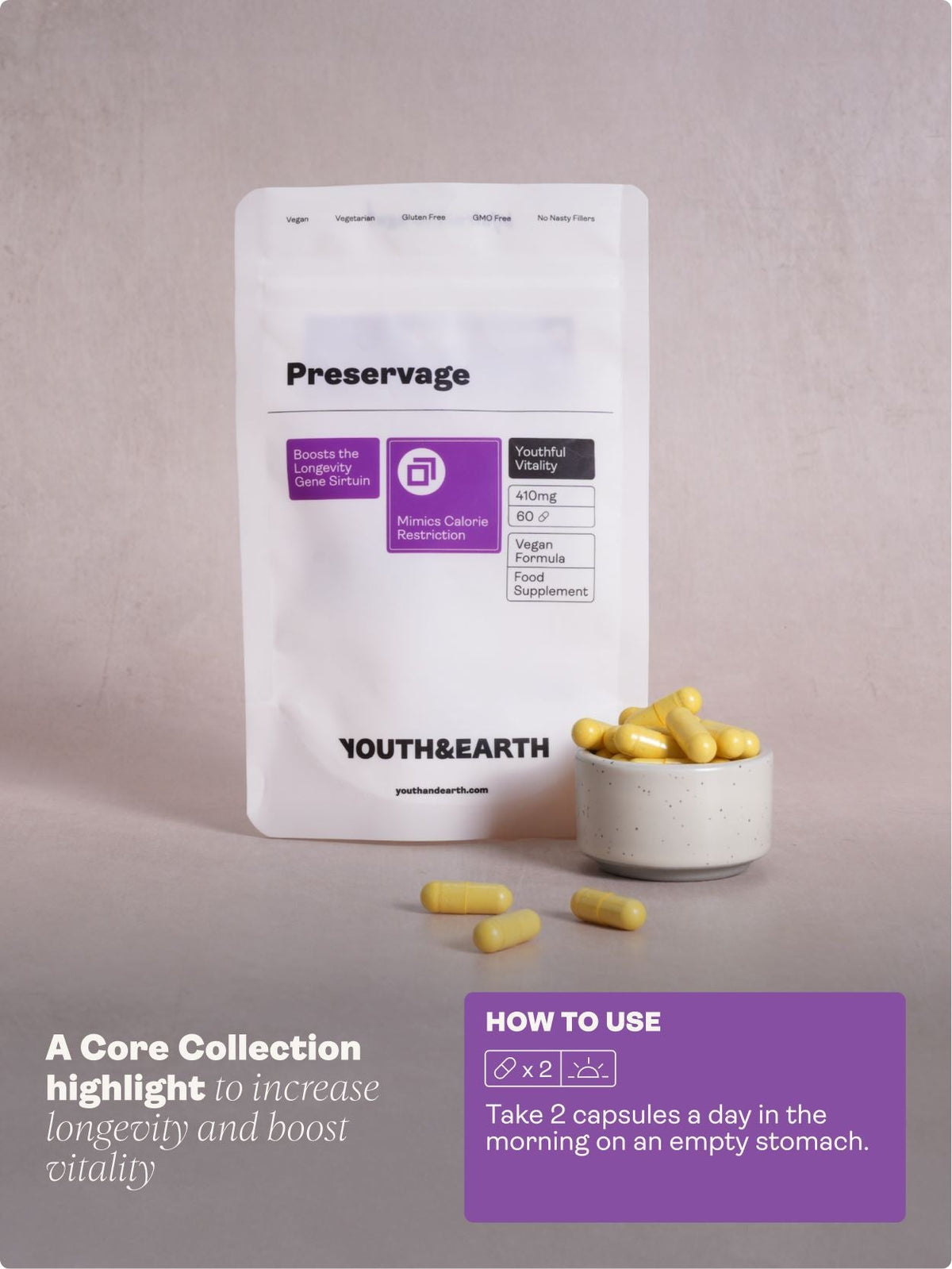 Preservage (Trans-Resveratrol, Curcumin, Quercetin, BioPerine) – 410mg, 60 Capsules - youthandearth - Sirtuin Activator