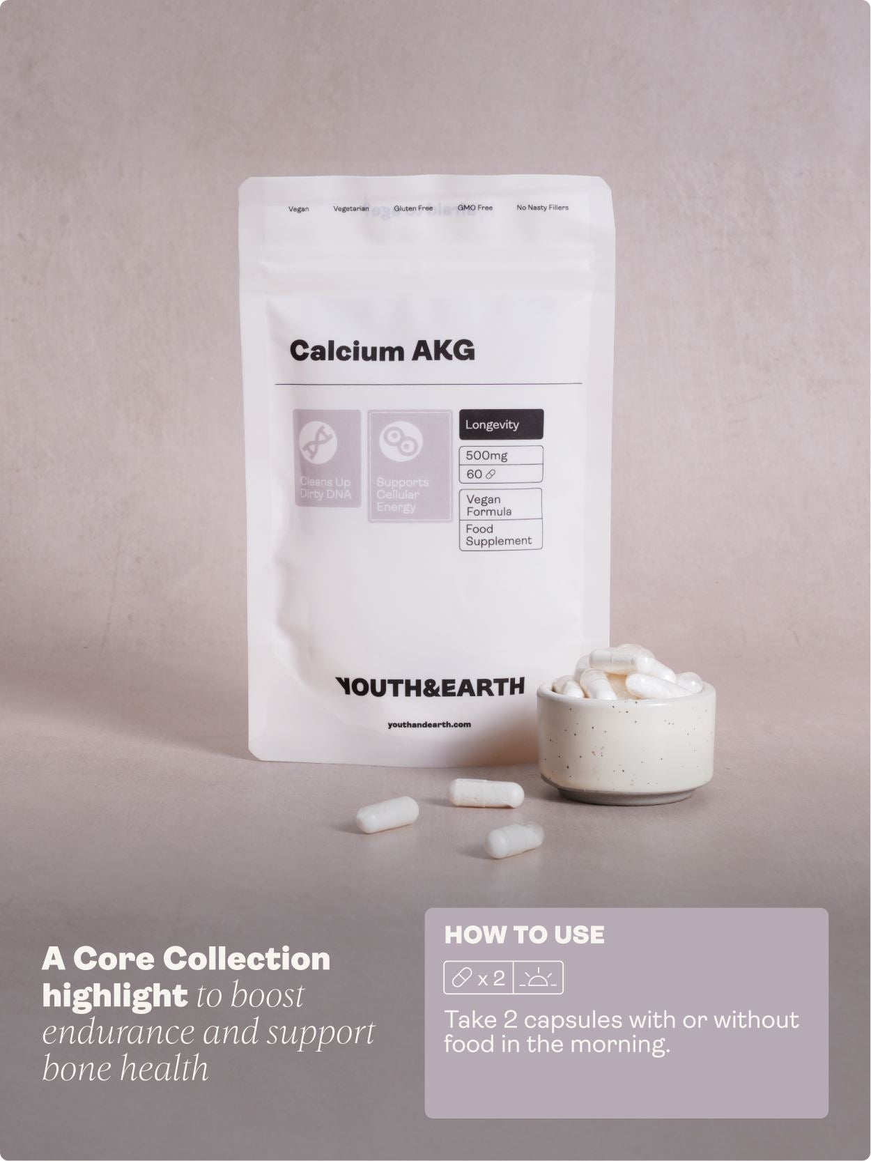 Calcium Alpha Keto-Glutarate (AKG) 500mg x 60 Capsules - youthandearth - Calcium Alpha Keto-Gluterate