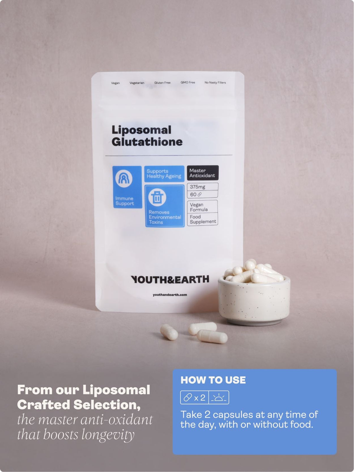 Liposomal Glutathione – 375mg, 60 Capsules - youthandearth - Skin &amp; Hair