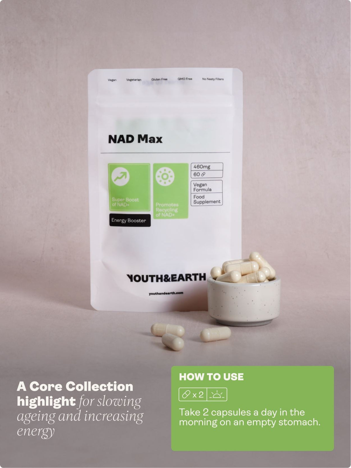 NAD Max - 460mg, 60 Capsules - youthandearth - 