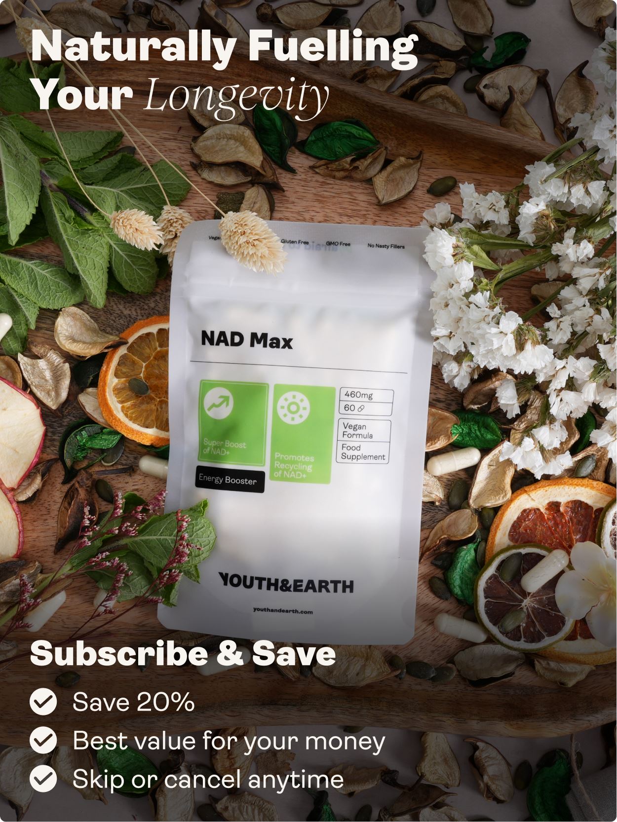 NAD Max - 460mg, 60 Capsules - youthandearth - 