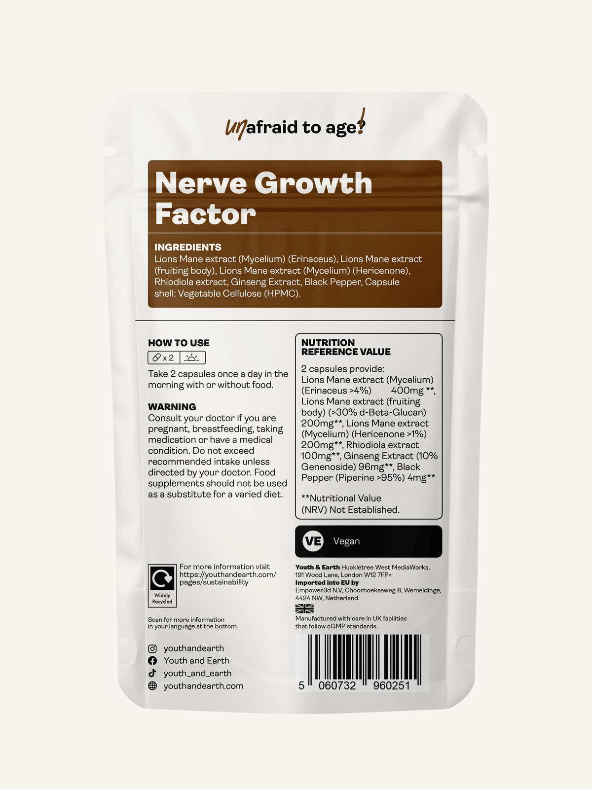 Nerve Growth Factor (Full Spectrum Lion&#39;s Mane Mushroom, Rhodiola, Ginseng, Bioperine) – 500mg, 60 Capsules - youthandearth - 