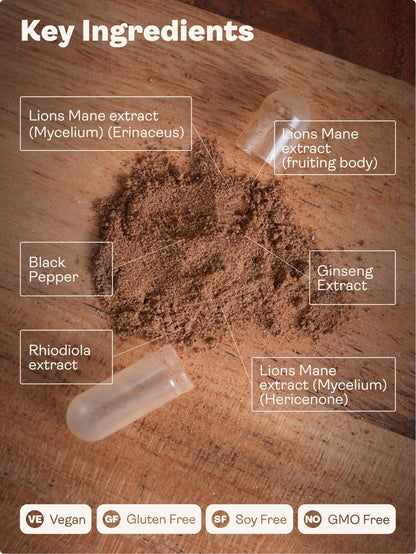 Nerve Growth Factor (Full Spectrum Lion's Mane Mushroom, Rhodiola, Ginseng, Bioperine) – 500mg, 60 Capsules - youthandearth - 