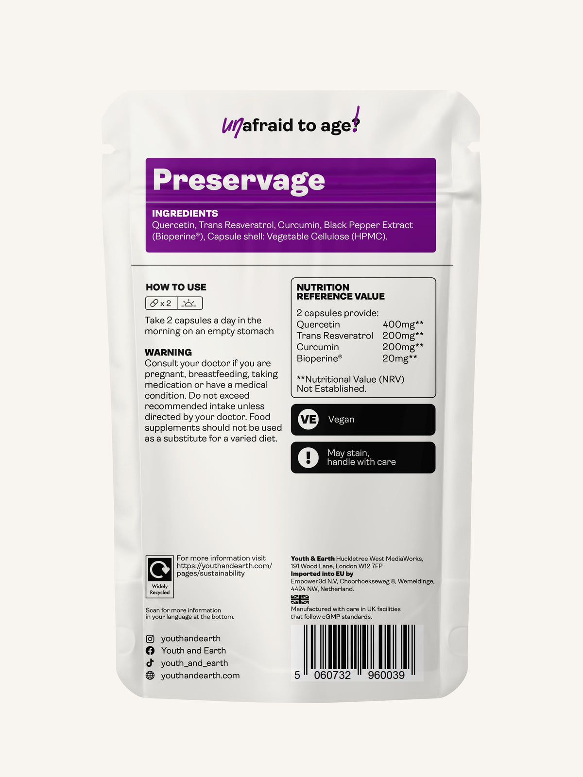 Preservage (Trans-Resveratrol, Curcumin, Quercetin, BioPerine) – 410mg, 60 Capsules - youthandearth - Sirtuin Activator
