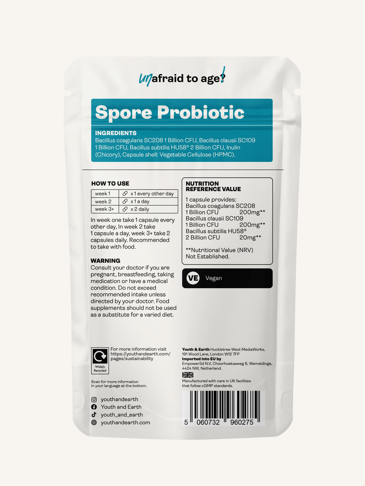 Spore Probiotic (Bacillus Subtilis HU58®, Coagulans SC208 &amp; Clausii SC109) 4 billion CFU count - 60 Capsules - youthandearth - 