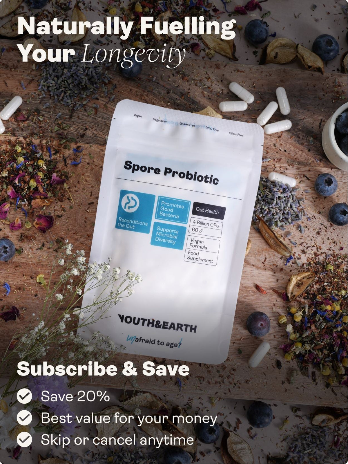 Spore Probiotic (Bacillus Subtilis HU58®, Coagulans SC208 &amp; Clausii SC109) 4 billion CFU count - 60 Capsules - youthandearth - 